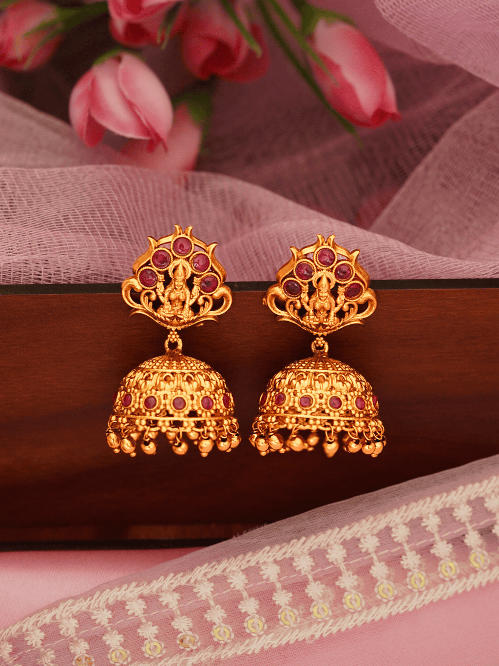 Timeless Faux Ruby Studded 22KT Gold Plated Brass Laxmi Temple Jhumka