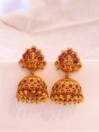 Timeless Faux Ruby Studded 22KT Gold Plated Brass Laxmi Temple Jhumka