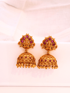 Timeless Faux Ruby Studded 22KT Gold Plated Brass Laxmi Temple Jhumka