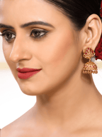 Timeless Faux Ruby Studded 22KT Gold Plated Brass Laxmi Temple Jhumka