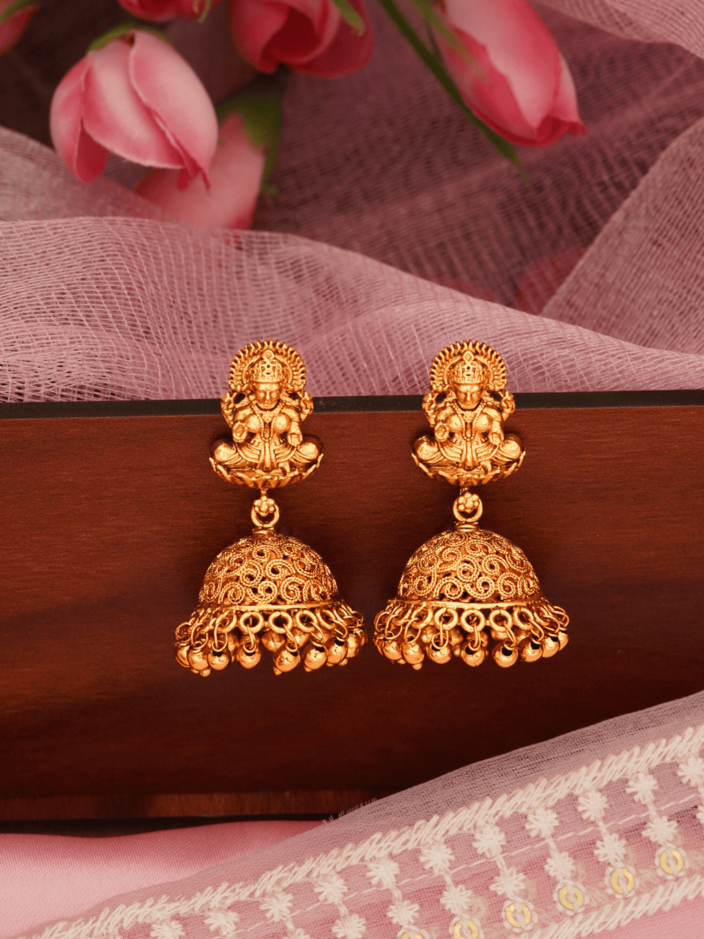 Exquisite Laxmi Temple Brass Jhumka in 22KT Gold Plating (Matte Finish)