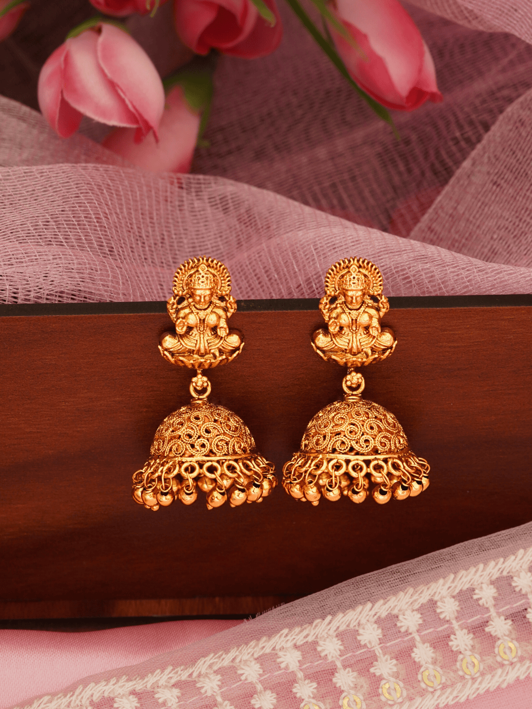 Exquisite Laxmi Temple Brass Jhumka in 22KT Gold Plating (Matte Finish)