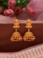 Exquisite Laxmi Temple Brass Jhumka in 22KT Gold Plating (Matte Finish)