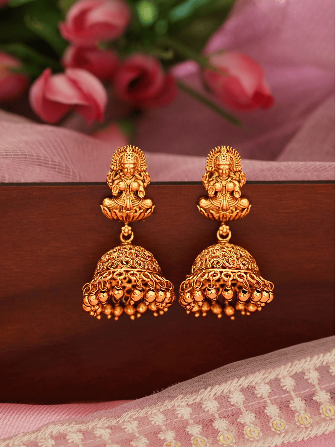 Exquisite Laxmi Temple Brass Jhumka in 22KT Gold Plating (Matte Finish)
