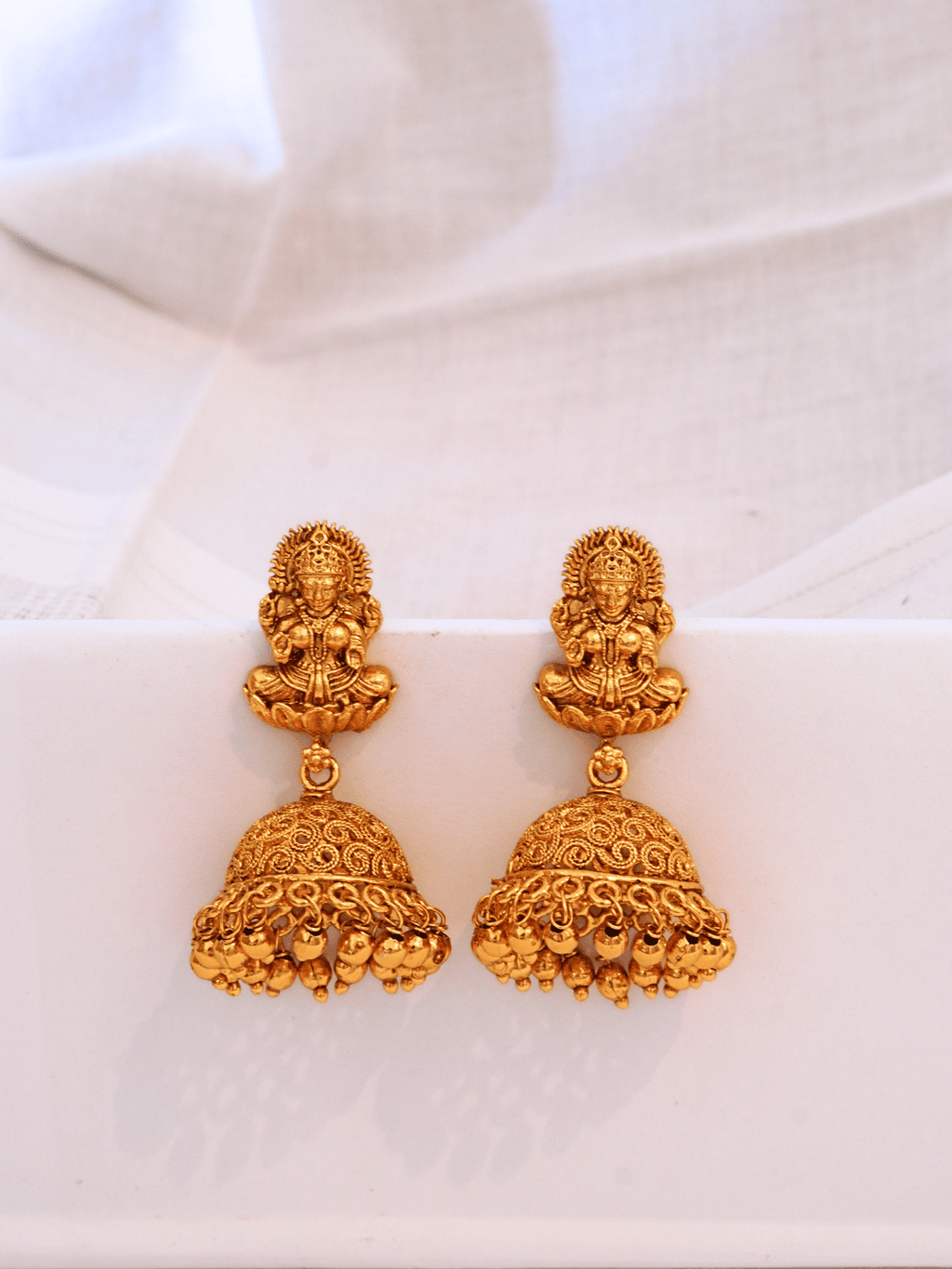 Exquisite Laxmi Temple Brass Jhumka in 22KT Gold Plating (Matte Finish)