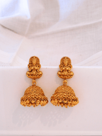 Exquisite Laxmi Temple Brass Jhumka in 22KT Gold Plating (Matte Finish)