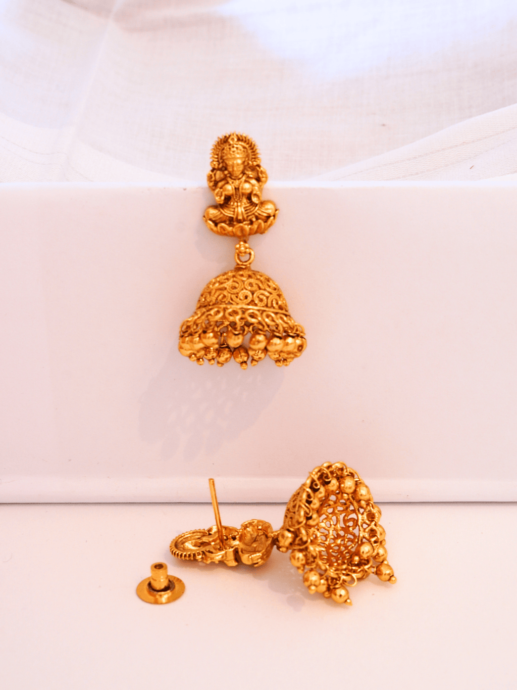 Exquisite Laxmi Temple Brass Jhumka in 22KT Gold Plating (Matte Finish)
