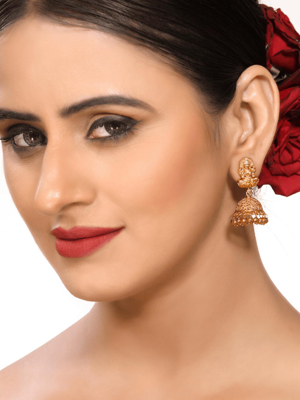Exquisite Laxmi Temple Brass Jhumka in 22KT Gold Plating (Matte Finish)