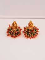 Ethnic Laxmi Temple Brass Studs with Red & Green Crystals in 22KT Gold Matte