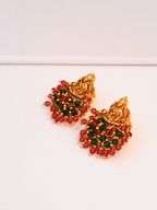 Ethnic Laxmi Temple Brass Studs with Red & Green Crystals in 22KT Gold Matte