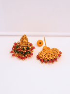 Ethnic Laxmi Temple Brass Studs with Red & Green Crystals in 22KT Gold Matte