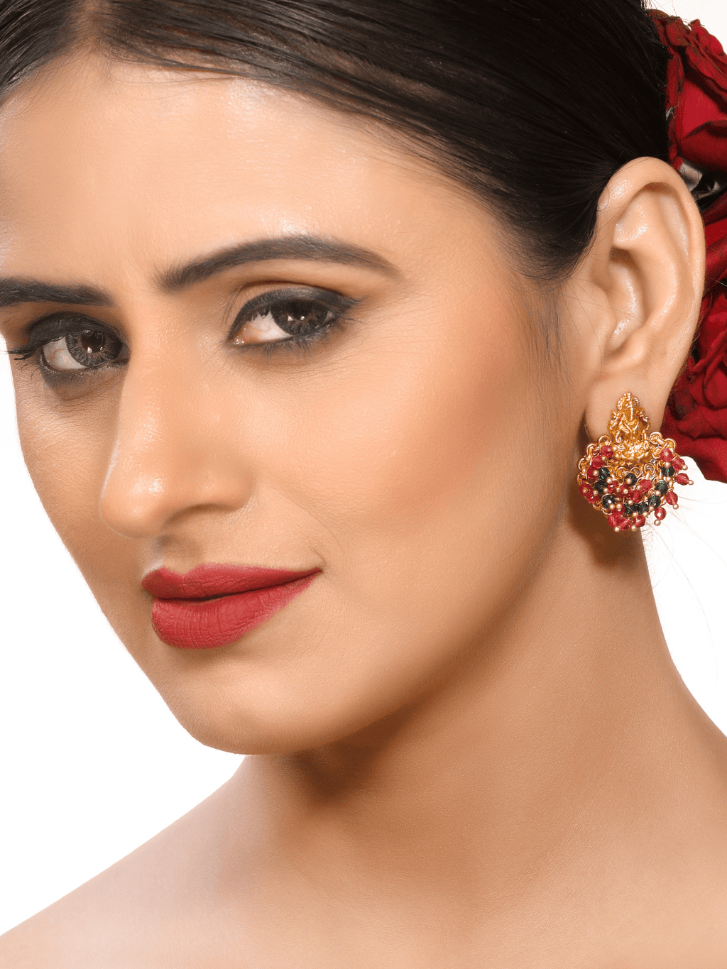Ethnic Laxmi Temple Brass Studs with Red & Green Crystals in 22KT Gold Matte