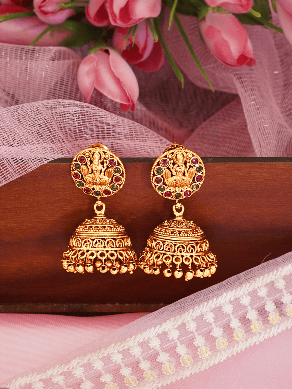 Antique-Style Matte Gold Jhumka with Faux Ruby & Emerald