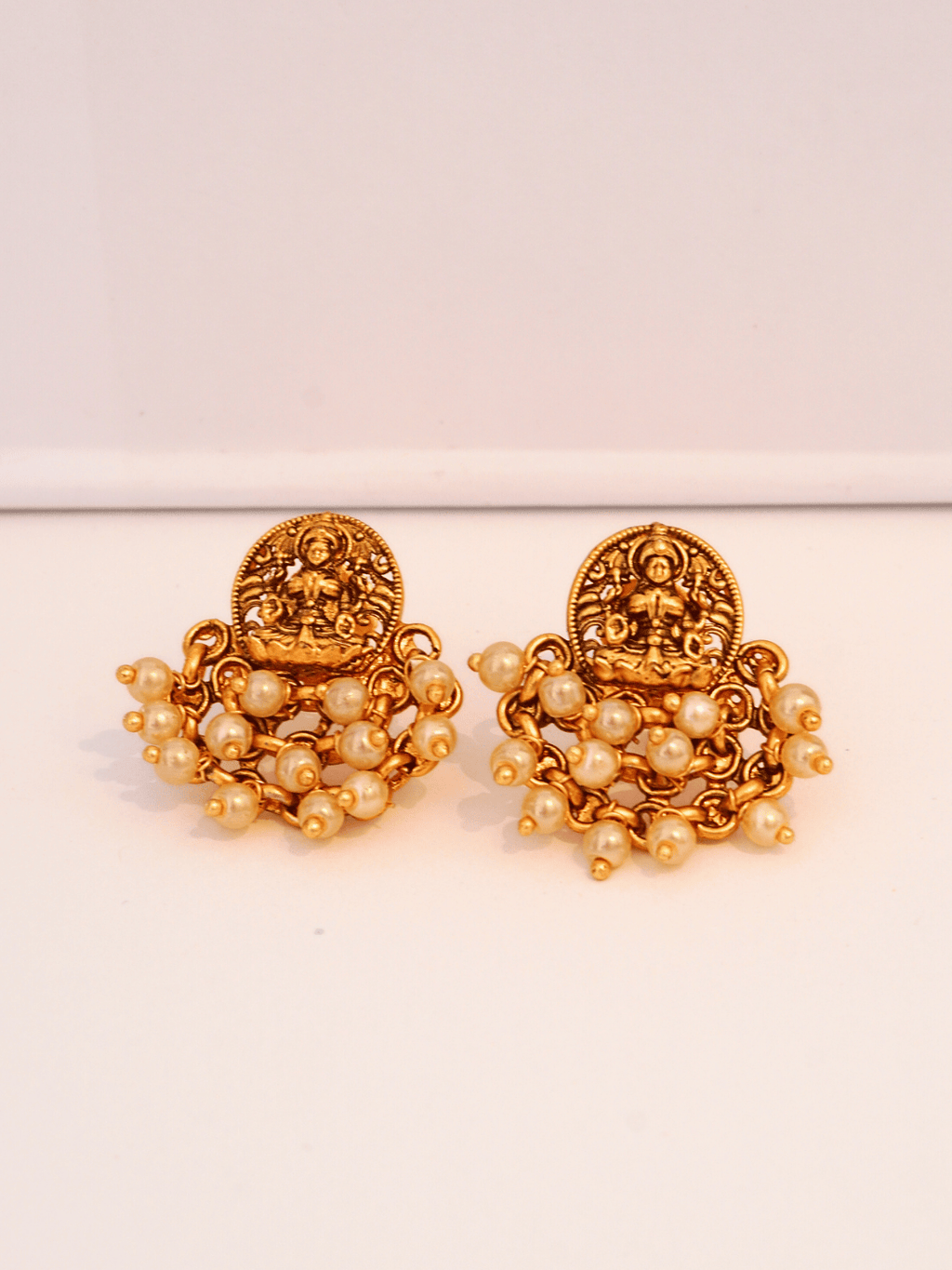 Vintage Laxmi Traditional Studs with White Pearls in 22KT Matte Gold