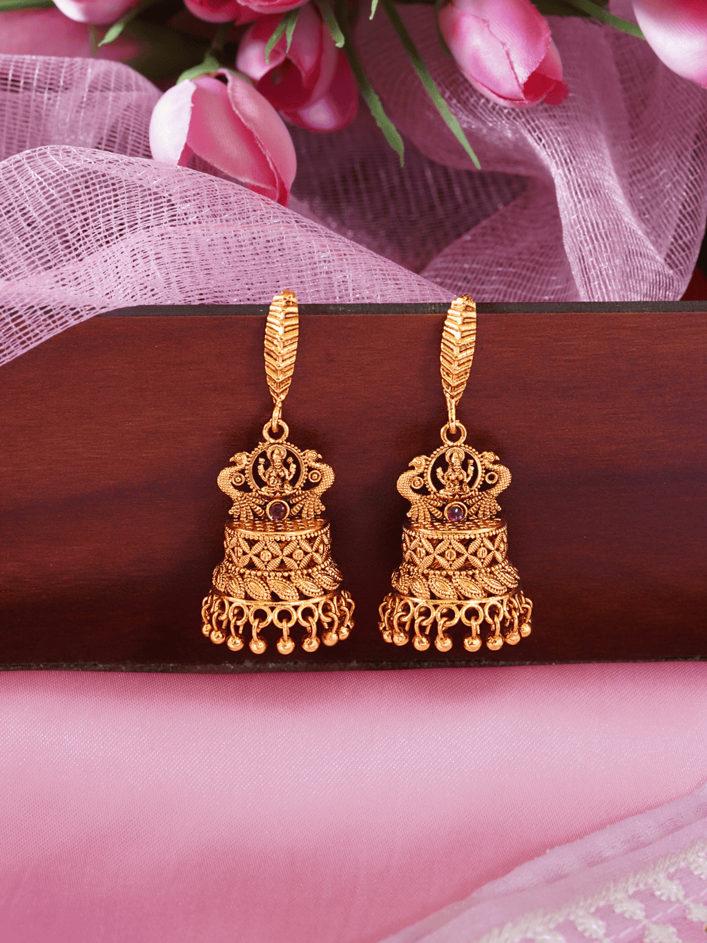 Artistic Laxmi Brass Temple Jhumka with 22KT in Matte Gold