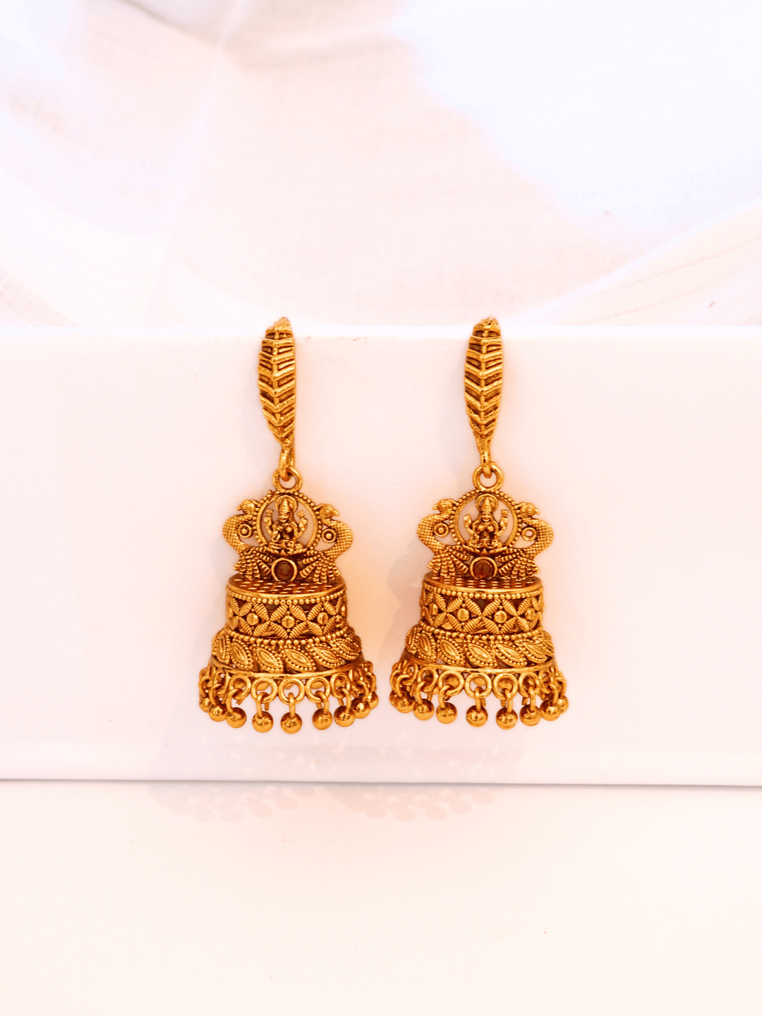 Artistic Laxmi Brass Temple Jhumka with 22KT in Matte Gold