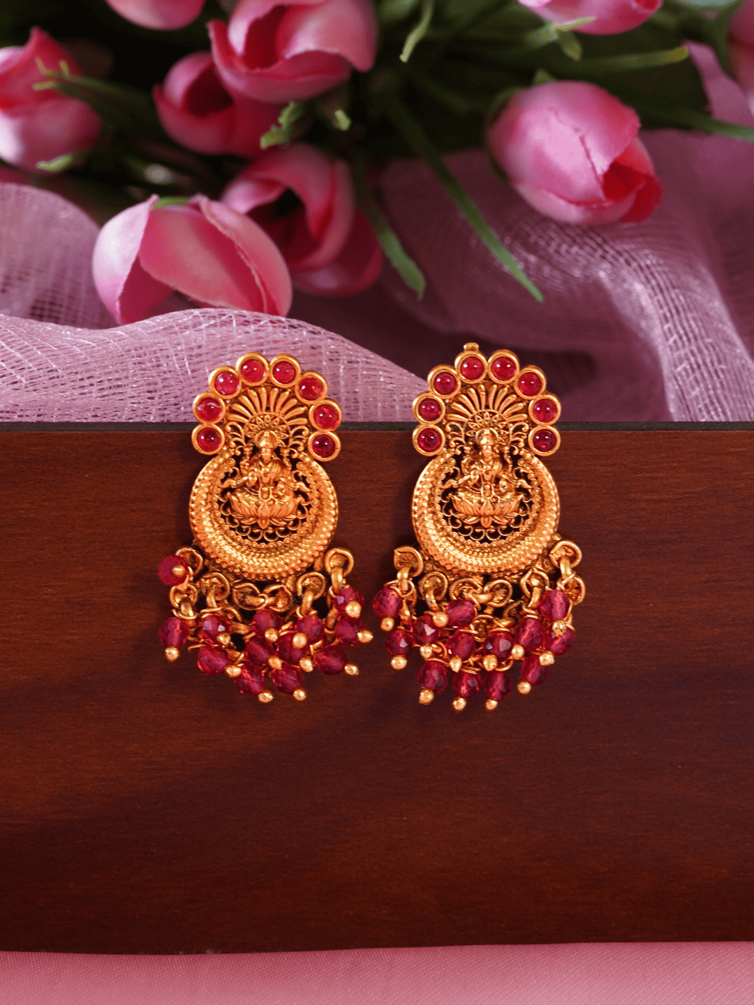 Graceful Laxmi Temple Studs with Faux Ruby n Red Crystals [Matte Gold]