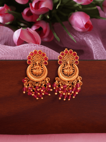 Graceful Laxmi Temple Studs with Faux Ruby n Red Crystals [Matte Gold]
