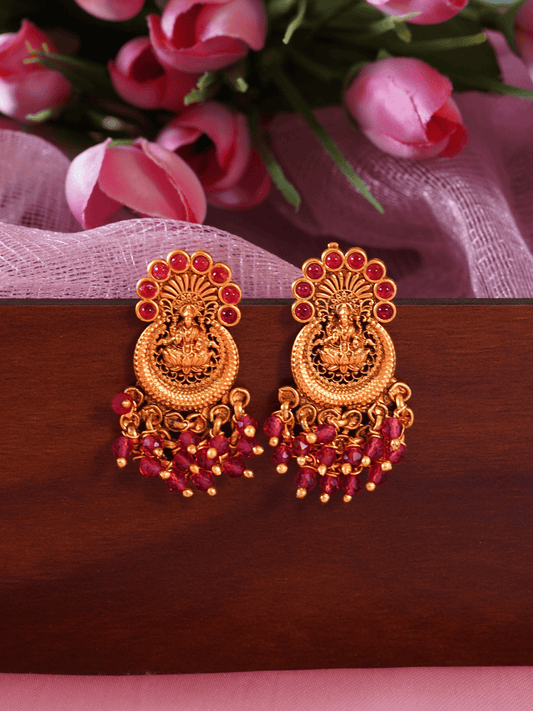 Graceful Laxmi Temple Studs with Faux Ruby n Red Crystals [Matte Gold]