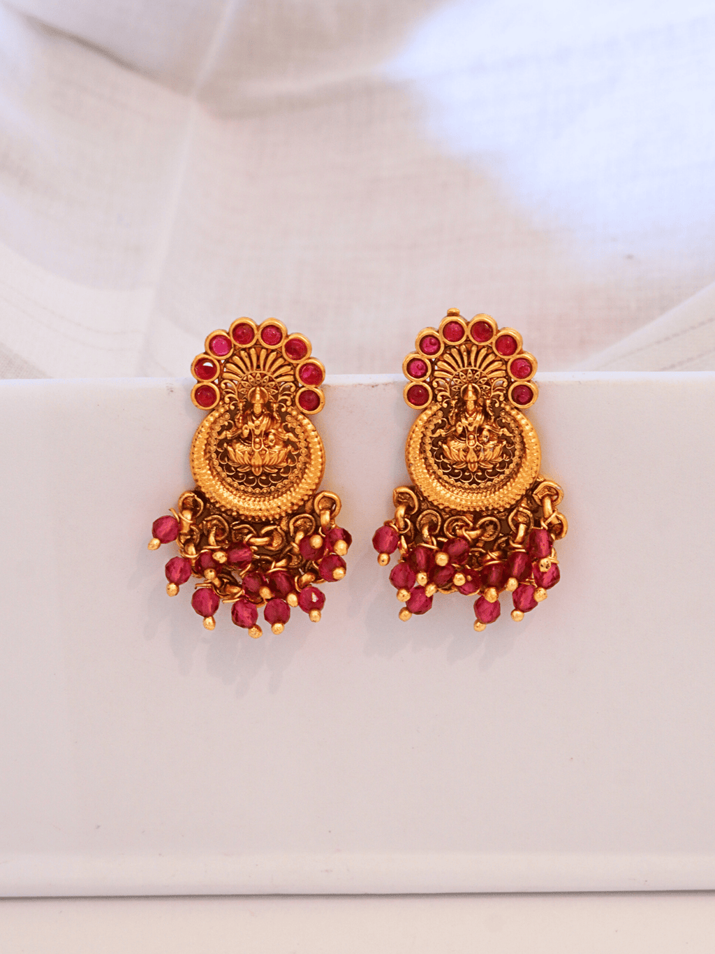 Graceful Laxmi Temple Studs with Faux Ruby n Red Crystals [Matte Gold]