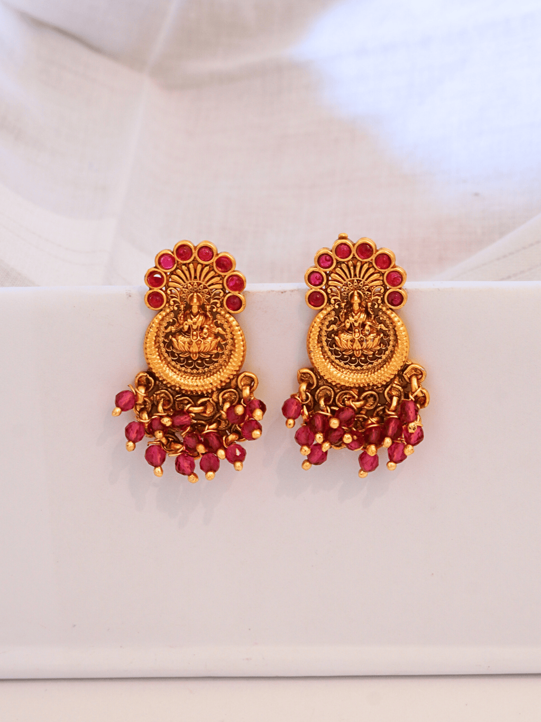 Graceful Laxmi Temple Studs with Faux Ruby n Red Crystals [Matte Gold]