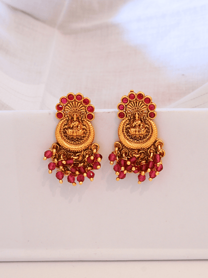 Graceful Laxmi Temple Studs with Faux Ruby n Red Crystals [Matte Gold]