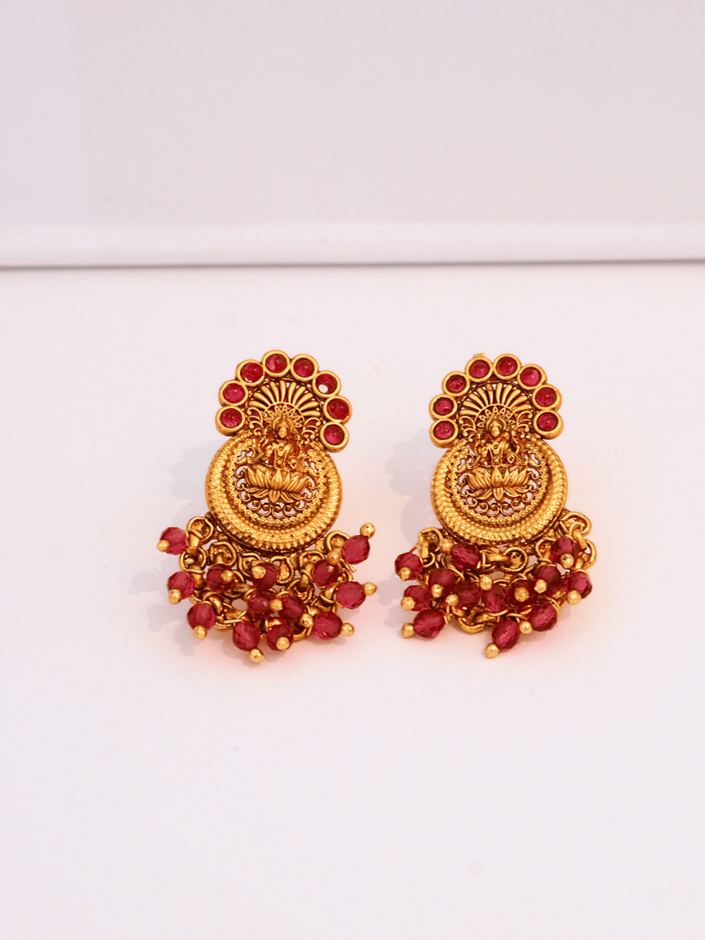 Graceful Laxmi Temple Studs with Faux Ruby n Red Crystals [Matte Gold]