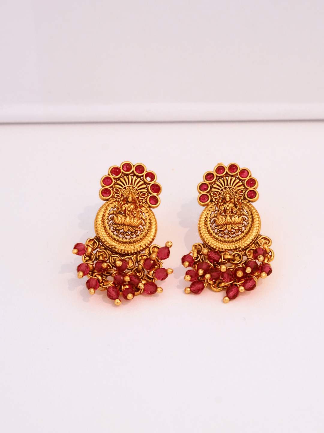 Graceful Laxmi Temple Studs with Faux Ruby n Red Crystals [Matte Gold]
