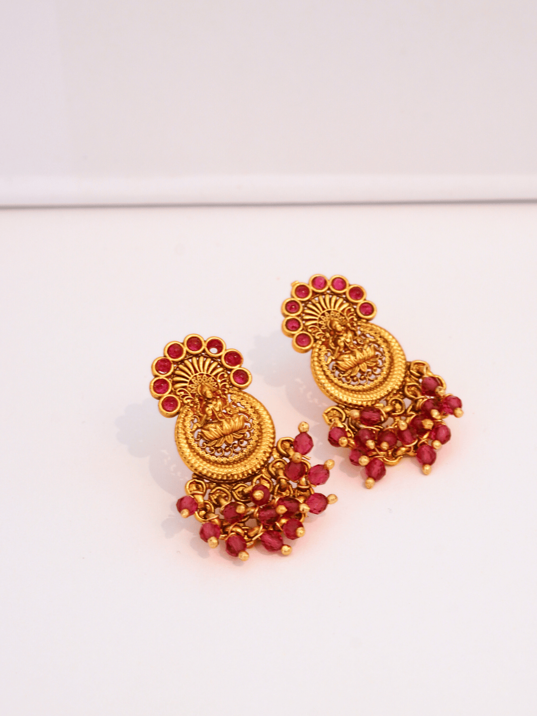 Graceful Laxmi Temple Studs with Faux Ruby n Red Crystals [Matte Gold]