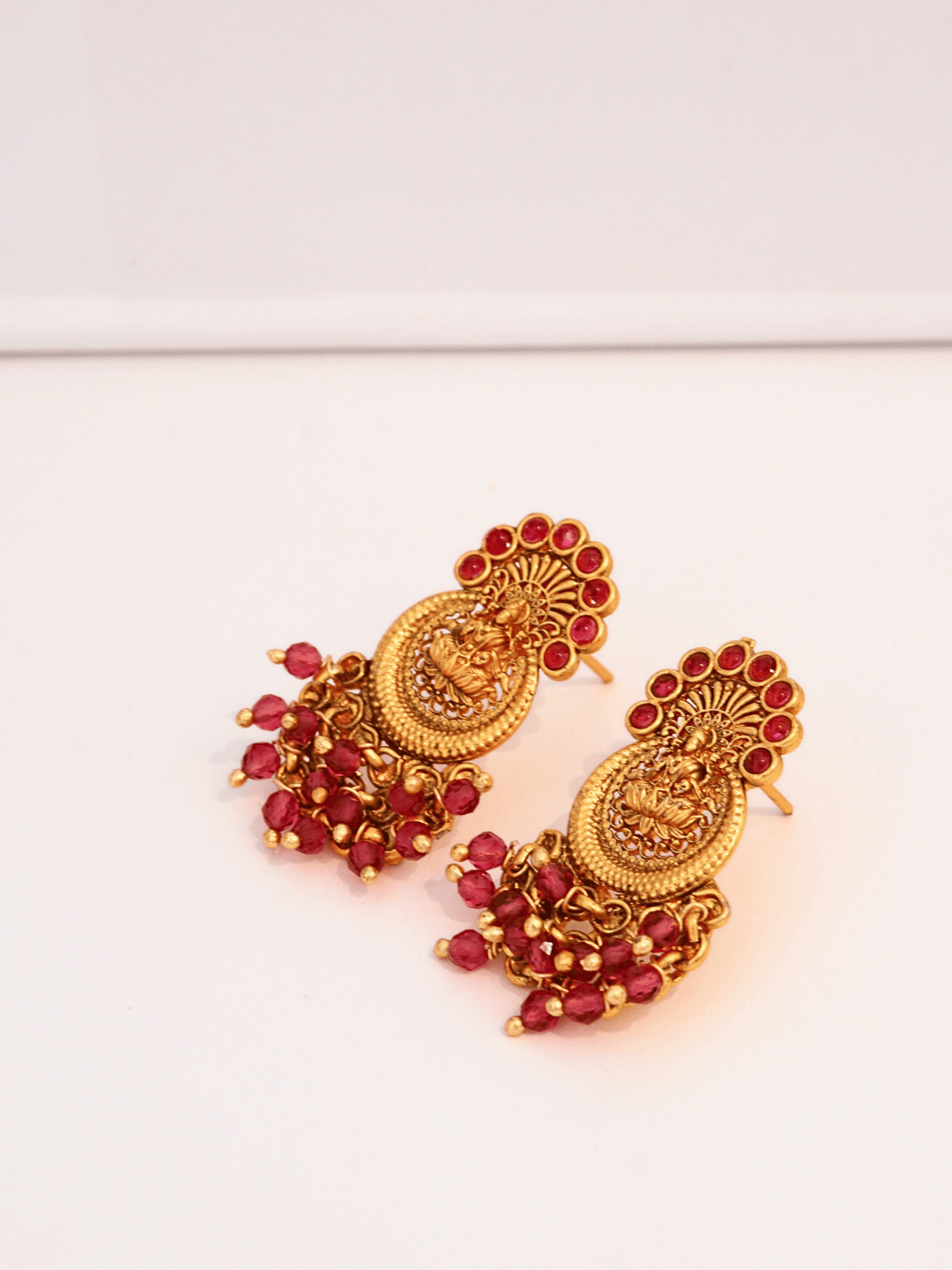Graceful Laxmi Temple Studs with Faux Ruby n Red Crystals [Matte Gold]