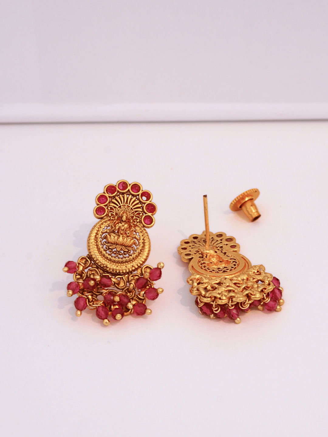 Graceful Laxmi Temple Studs with Faux Ruby n Red Crystals [Matte Gold]