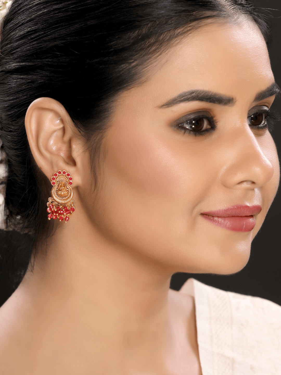 Graceful Laxmi Temple Studs with Faux Ruby n Red Crystals [Matte Gold]