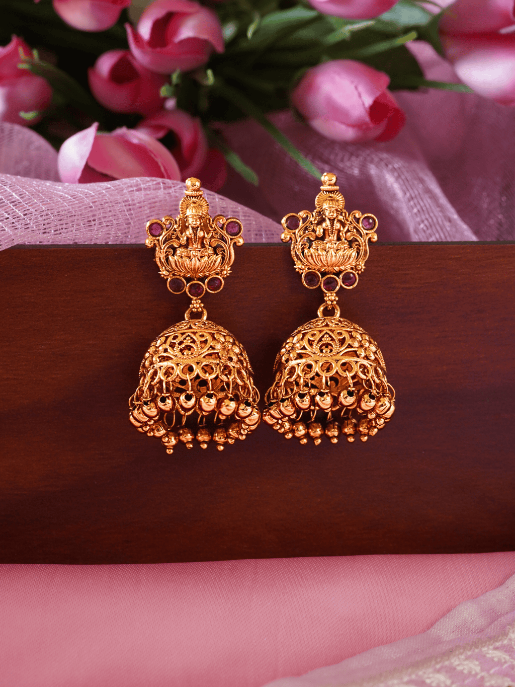 Laxmi Temple Matte Gold-Plated Ruby Jhumka