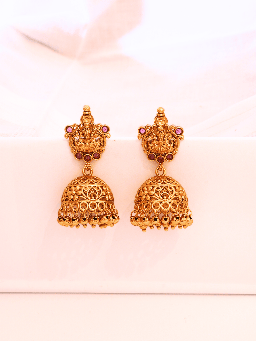 Laxmi Temple Matte Gold-Plated Ruby Jhumka