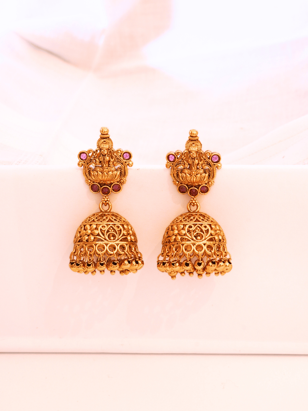 Laxmi Temple Matte Gold-Plated Ruby Jhumka