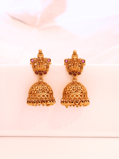 Laxmi Temple Matte Gold-Plated Ruby Jhumka