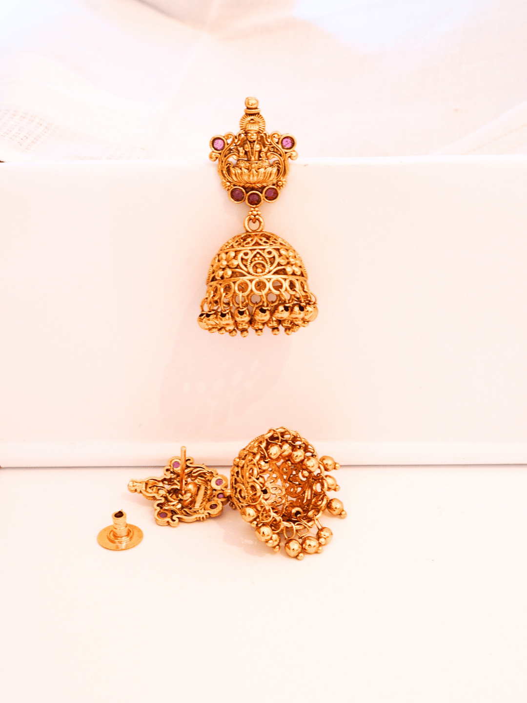 Laxmi Temple Matte Gold-Plated Ruby Jhumka