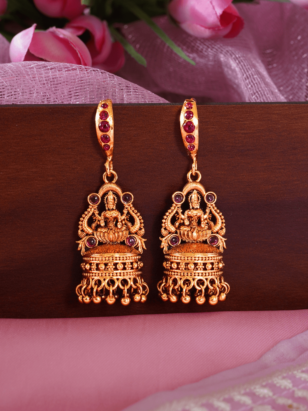 Radiant Linear Faux Ruby Studded Laxmi Jhumka Earrings