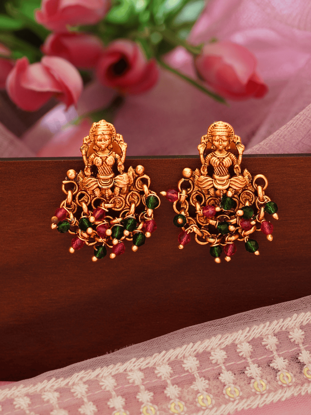 Divine Laxmi Studs in 22KT Matte Gold with Festive Red Green Motifs