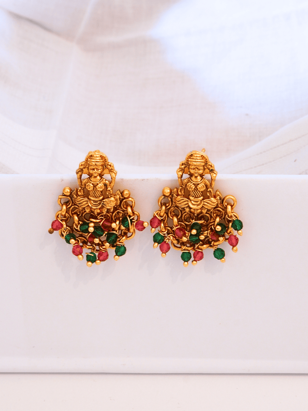 Divine Laxmi Studs in 22KT Matte Gold with Festive Red Green Motifs