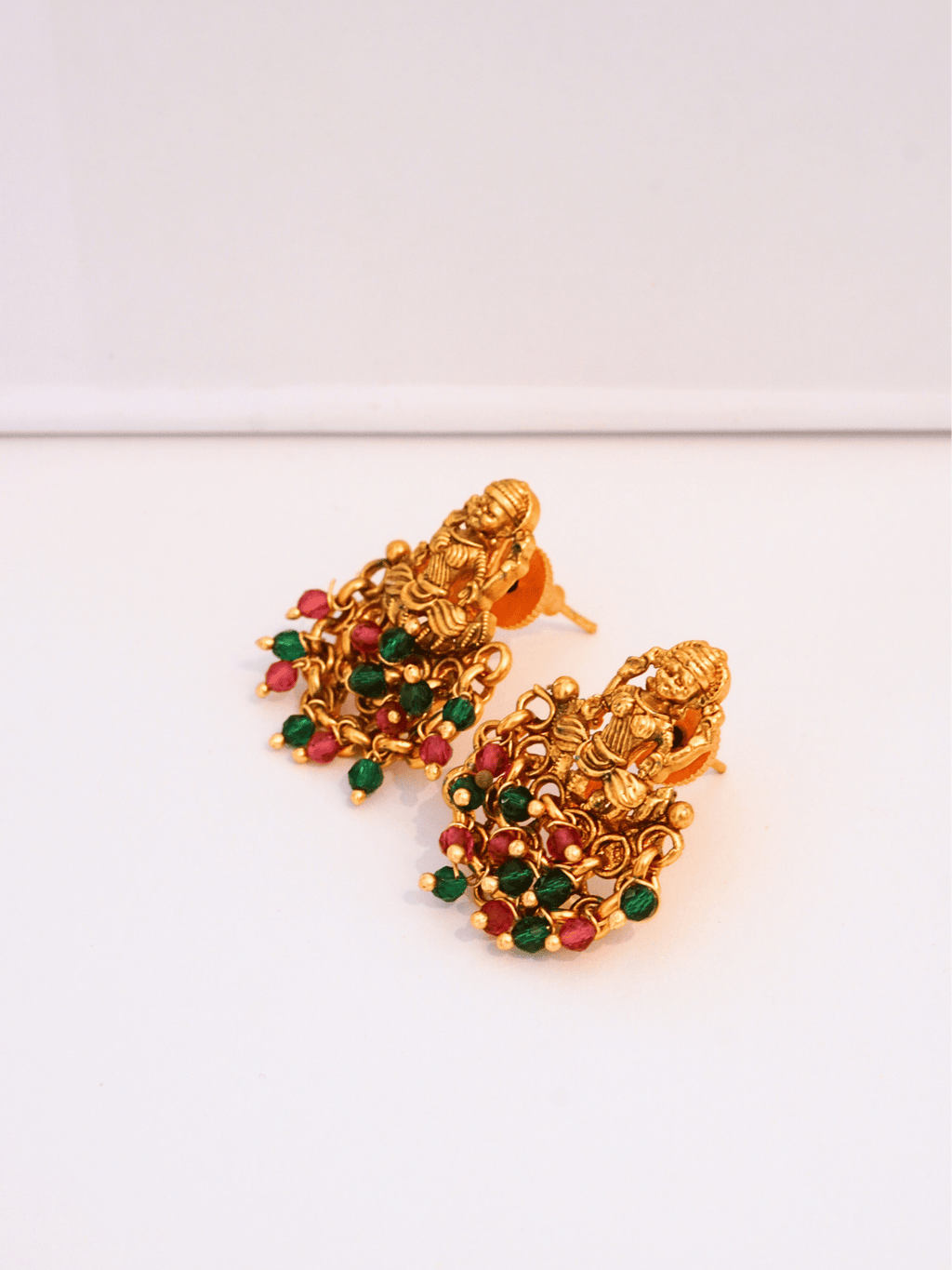 Divine Laxmi Studs in 22KT Matte Gold with Festive Red Green Motifs