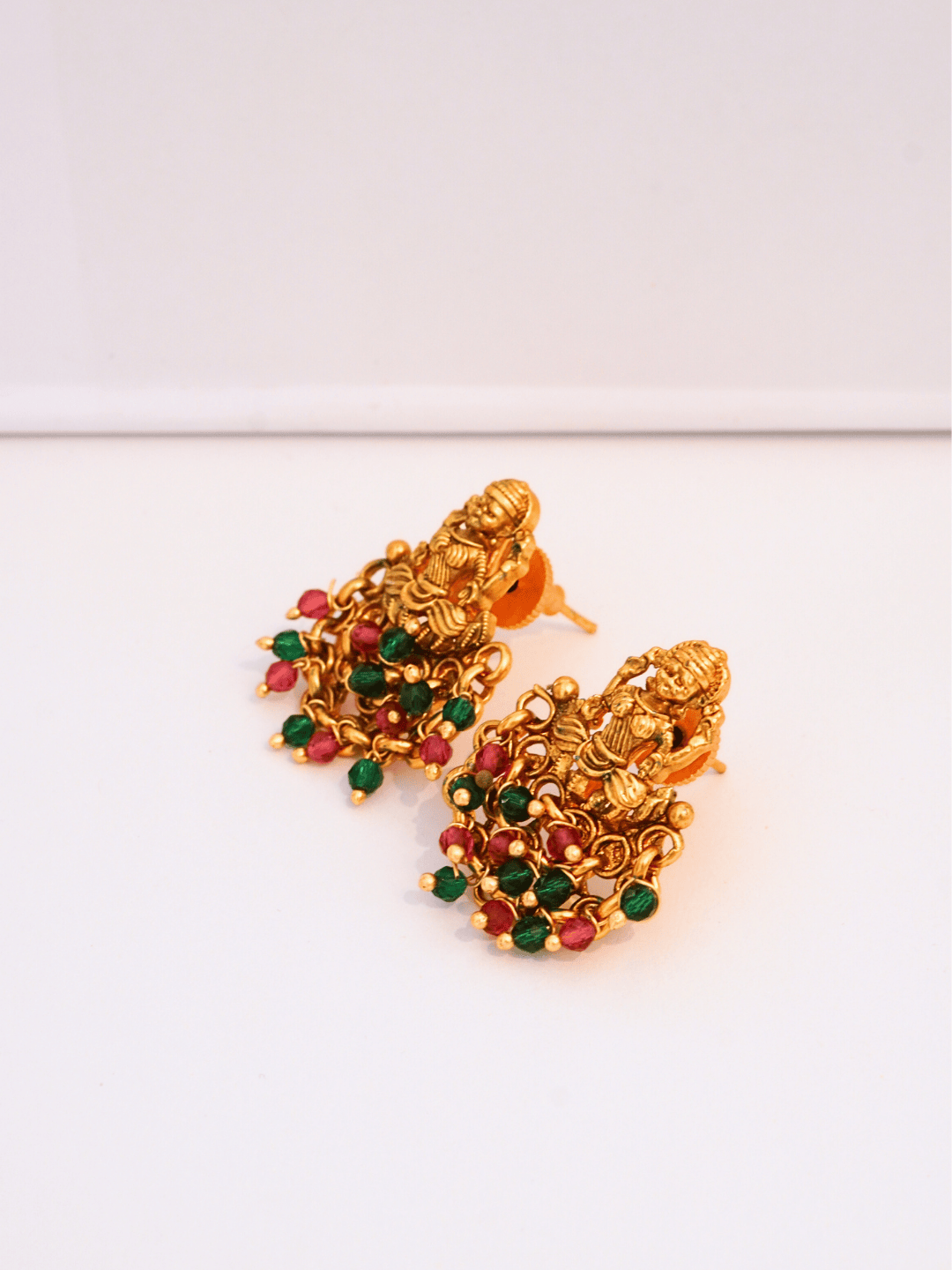 Divine Laxmi Studs in 22KT Matte Gold with Festive Red Green Motifs