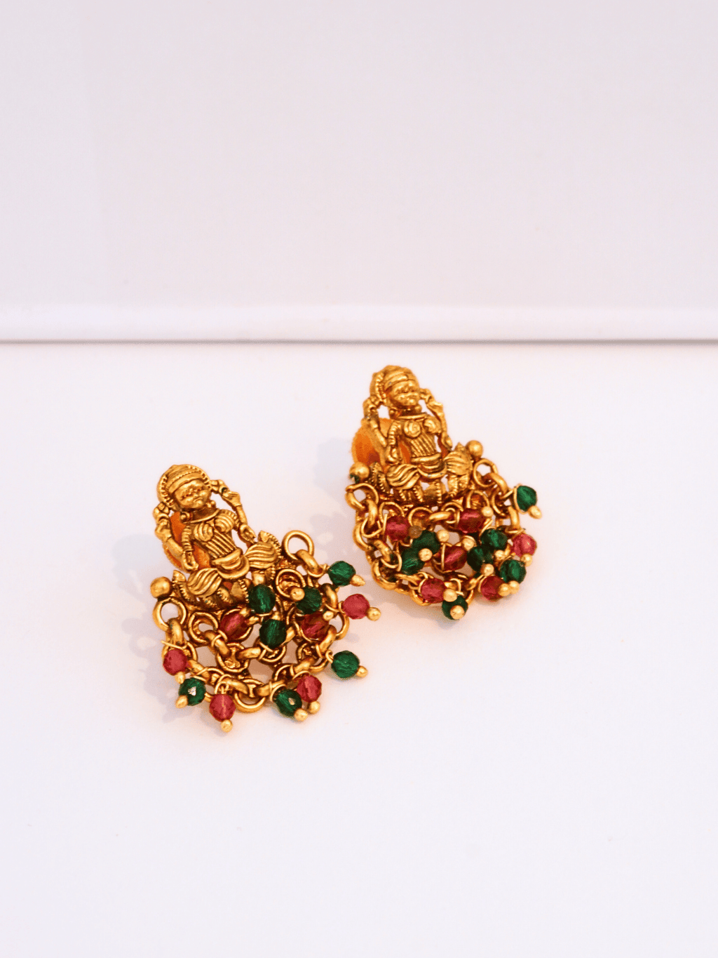 Divine Laxmi Studs in 22KT Matte Gold with Festive Red Green Motifs