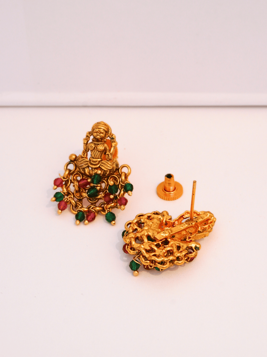 Divine Laxmi Studs in 22KT Matte Gold with Festive Red Green Motifs