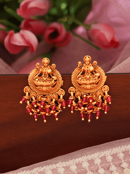 Classic Laxmi Temple Studs in Matte Gold with Red Motifs