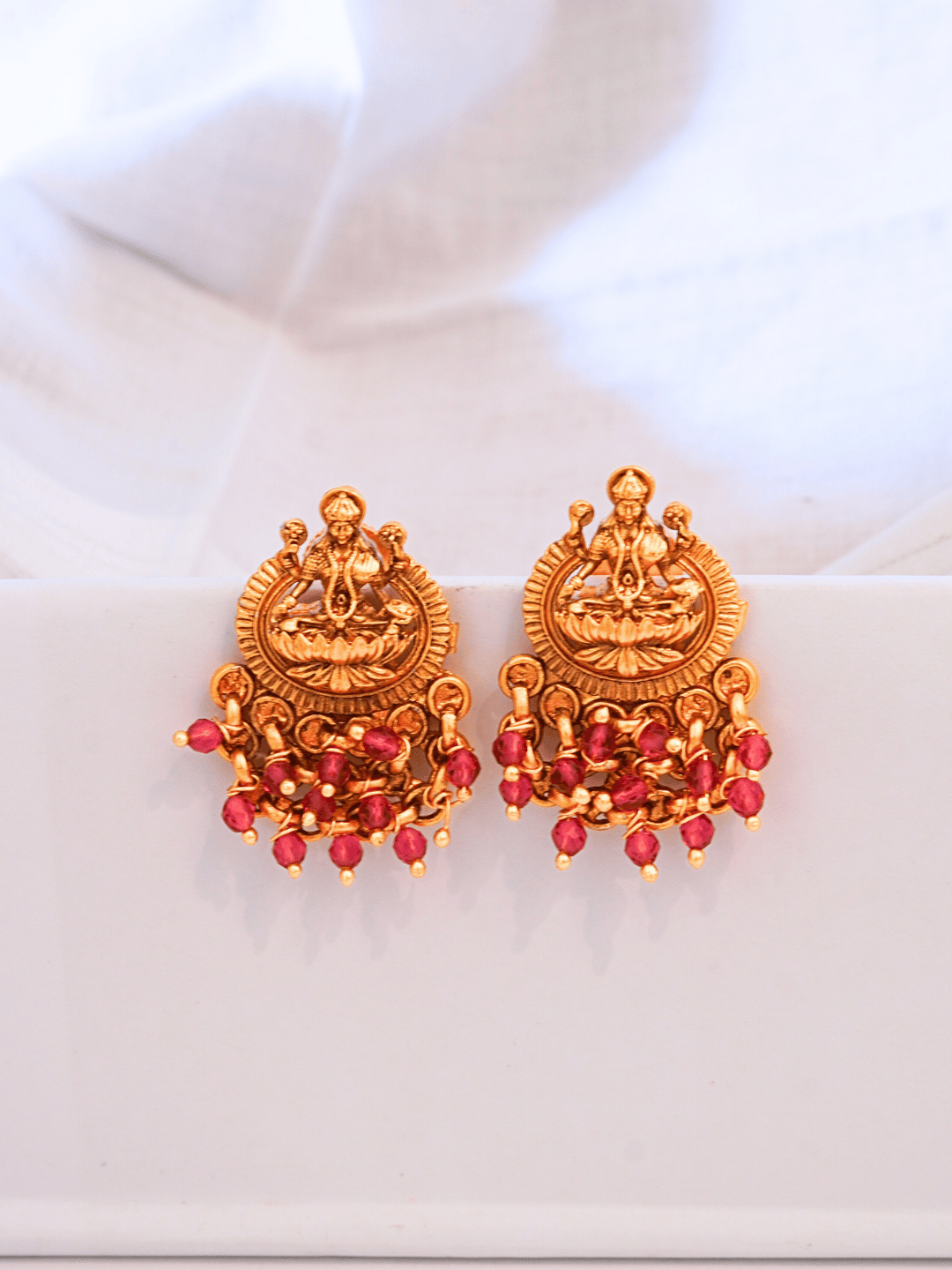 Classic Laxmi Temple Studs in Matte Gold with Red Motifs