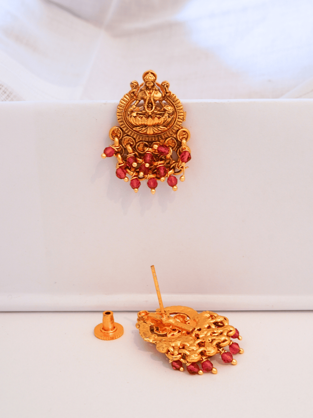 Classic Laxmi Temple Studs in Matte Gold with Red Motifs