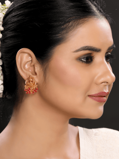 Classic Laxmi Temple Studs in Matte Gold with Red Motifs