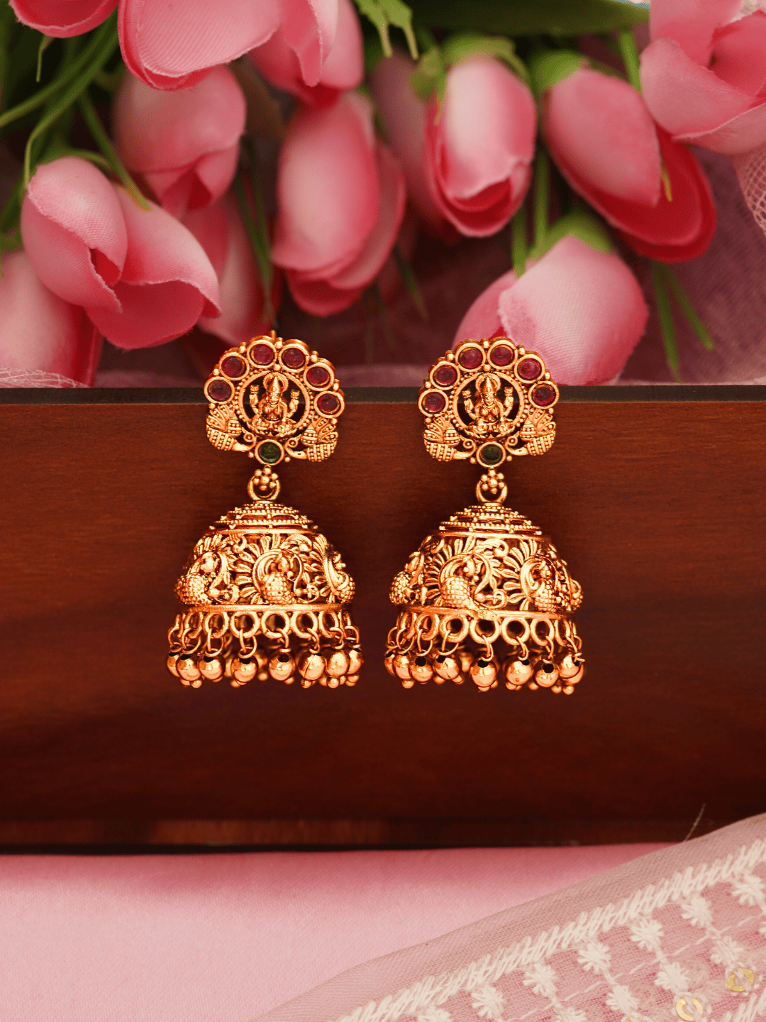 Timeless Laxmi Temple Jhumkas in Matte Gold with Ruby Inlay