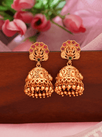 Timeless Laxmi Temple Jhumkas in Matte Gold with Ruby Inlay